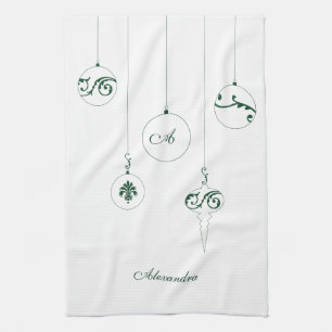Green Monogram Bauble Ornaments Personalized Name Kitchen Towel