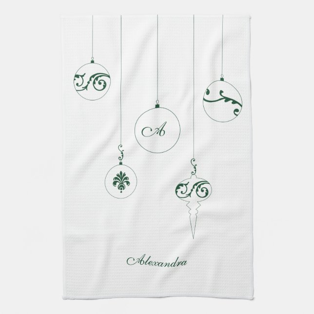 Green Monogram Bauble Ornaments Personalized Name Kitchen Towel (Vertical)