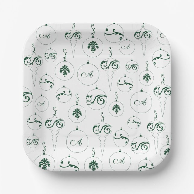 Green Monogram Bauble Pattern Square Christmas Paper Plate (Front)