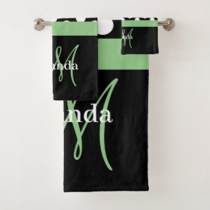 Green Monogram Black White Polka Dot Bath Towel Set