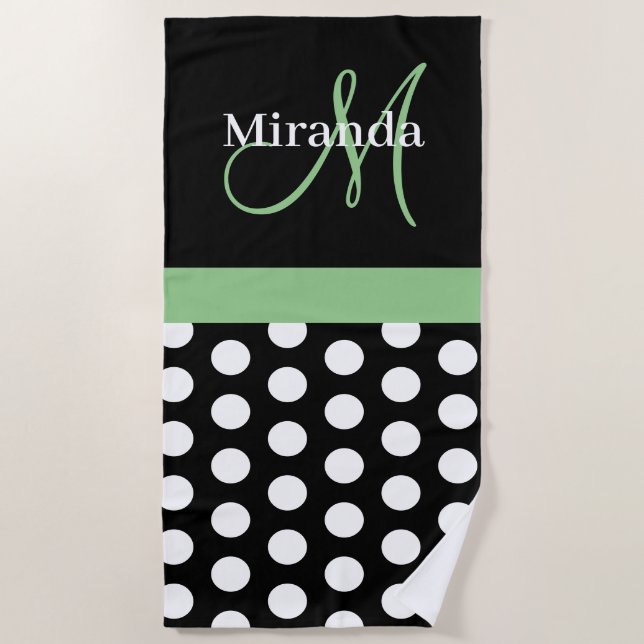 Green Monogram Black White Polka Dot Beach Towel (Front)