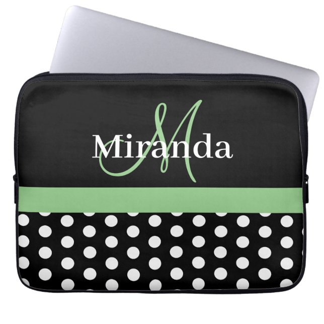 Green Monogram Black White Polka Dot Laptop Sleeve (Front)