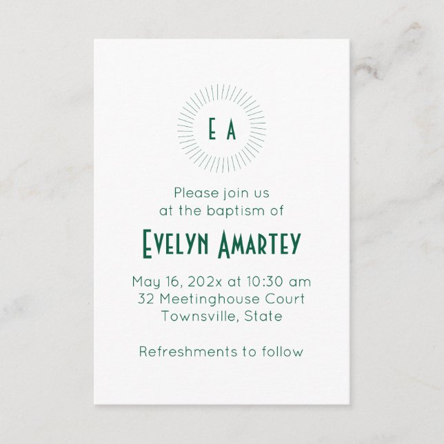 Green Monogram Circle Baptism Invitation (Front)