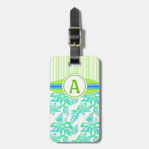 Green Monogram Hibiscus Flowers Tropical Beach Luggage Tag