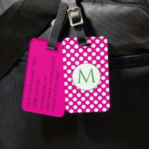Green Monogram Hot Pink Polka Dots Bright Colours Luggage Tag