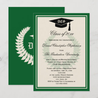 Green Monogram Laurel Classic College Graduation Invitation