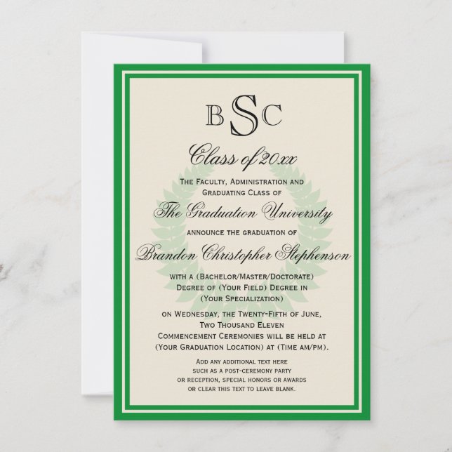 Green Monogram Laurel Classic College Graduation Invitation (Front)