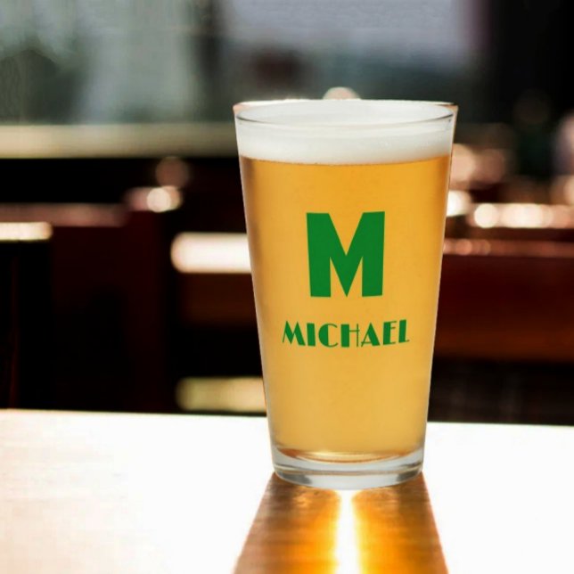 Green Monogram Name Simple Beer Glass (Creator Uploaded)