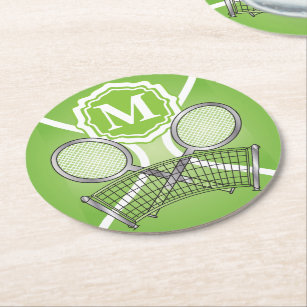 Green Monogram Tennis Round Paper Coaster