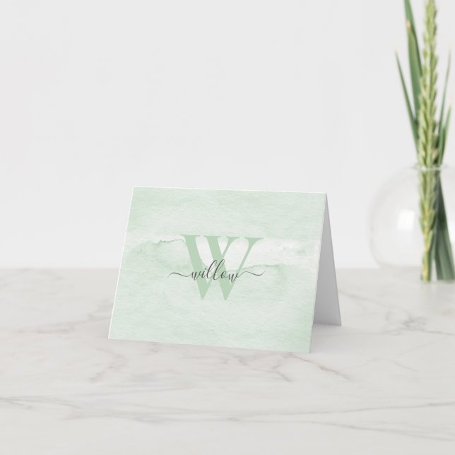 Green Monogram Watercolor Personalized Stationery Thank You Card (Front)