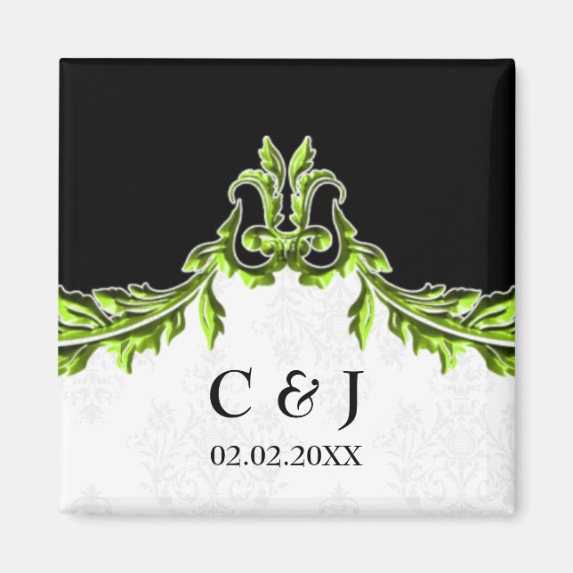 green monogram wedding save the date magnets (Front)