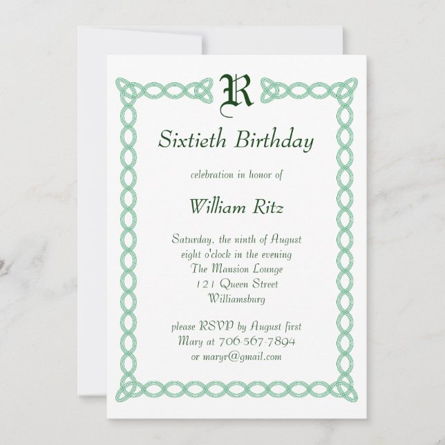 Green Monogramme Invitation d'anniversaire (Devant)