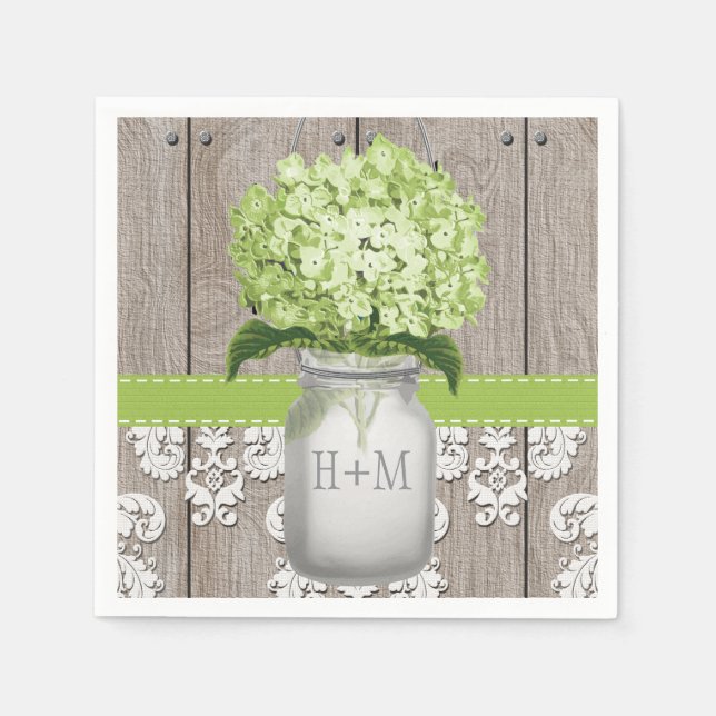 Green Monogrammed Hydrangea Mason Jar Napkin (Front)