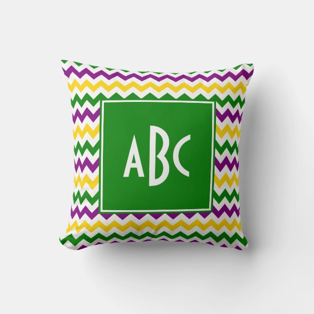 Green Monogrammed Mardi Gras Zigzag Throw Pillow (Front)