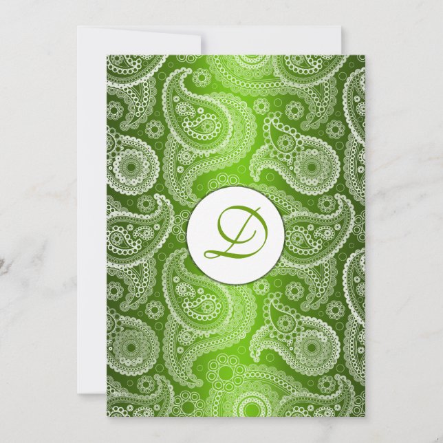 Green Monogrammed Paisley Wedding Invitation (Front)