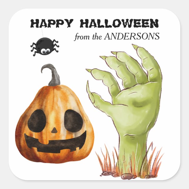 Green Monster Hand Jack o' Lantern Square Sticker (Front)