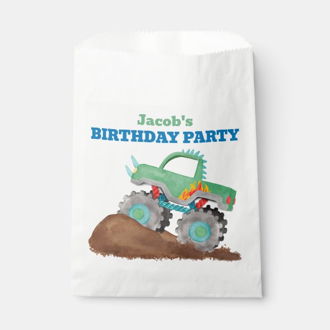 Green Monster Truck Birthday Party Watercolor Favour Bag (Front)