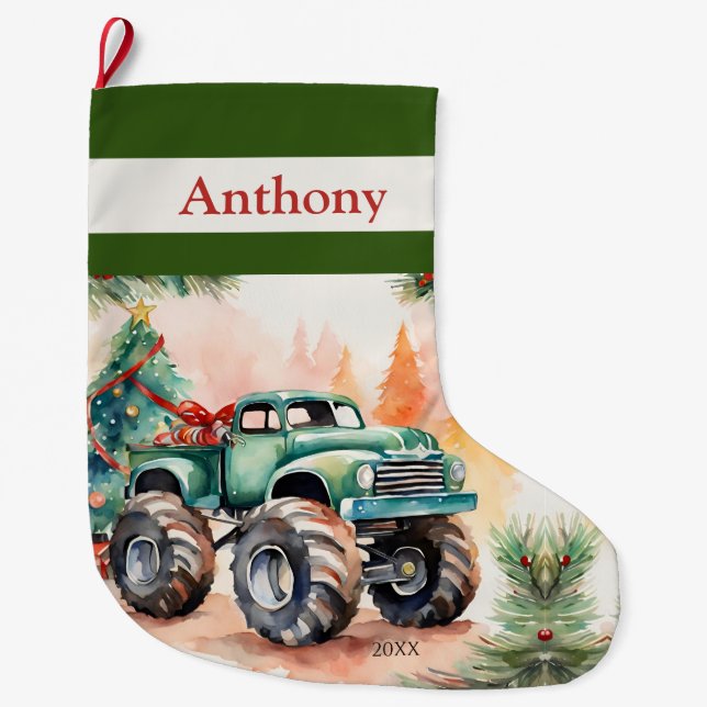 Green Monster Truck Boys Large Christmas Stocking (Front)