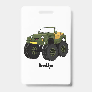 Green monster truck cartoon illustration badge