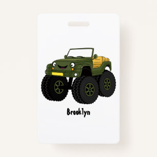 Green monster truck cartoon illustration badge