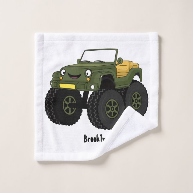 Green monster truck cartoon illustration bath towel set (Wash Cloth)
