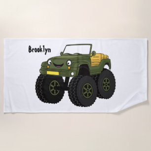 Green monster truck cartoon illustration beach towel
