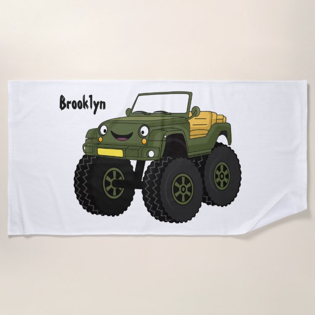Green monster truck cartoon illustration beach towel (Front)