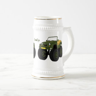 Green monster truck cartoon illustration beer stein