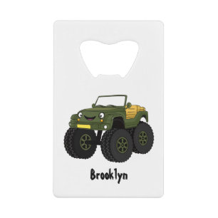 Green monster truck cartoon illustration credit card bottle opener