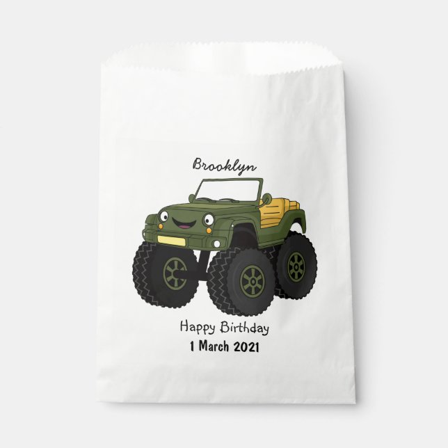 Green monster truck cartoon illustration favour bag (Front)