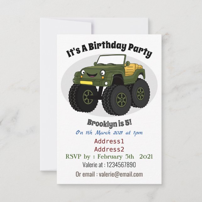 Green monster truck cartoon illustration invitation (Front)