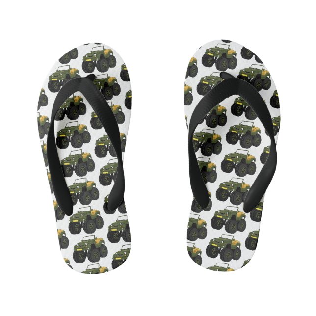 Green monster truck cartoon illustration  kid's flip flops (Footbed)