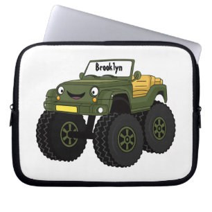 Green monster truck cartoon illustration laptop sleeve