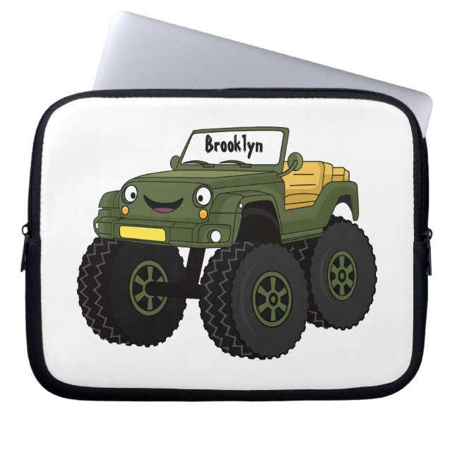 Green monster truck cartoon illustration laptop sleeve (Front)