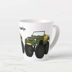 Green monster truck cartoon illustration latte mug