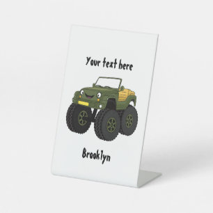 Green monster truck cartoon illustration  pedestal sign