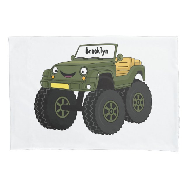 Green monster truck cartoon illustration pillowcase (Front)