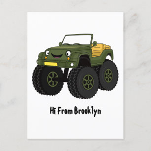 Green monster truck cartoon illustration  postcard