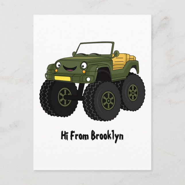 Green monster truck cartoon illustration  postcard (Front)