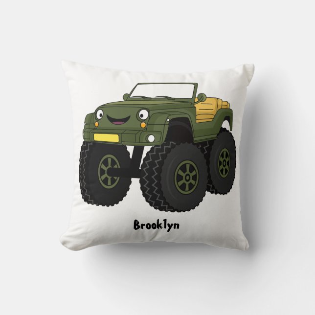 Green monster truck cartoon illustration throw pillow (Front)