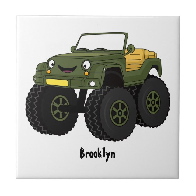 Green monster truck cartoon illustration tile (Front)