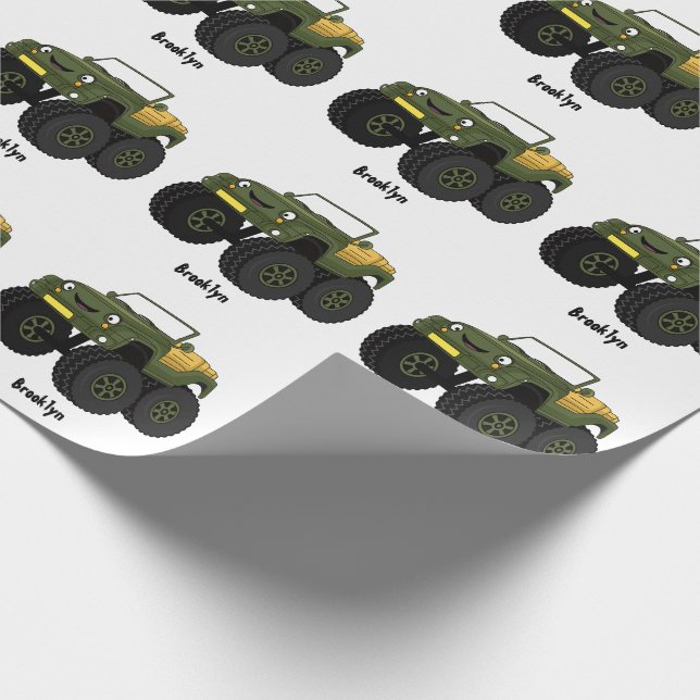 Green monster truck cartoon illustration wrapping paper (Corner)