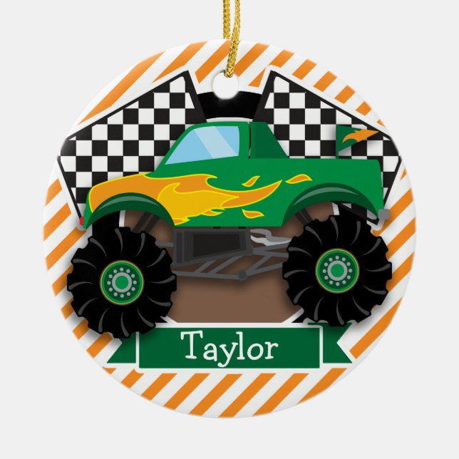 Green Monster Truck, Chequered Flag; Orange Stripe Ceramic Ornament (Front)