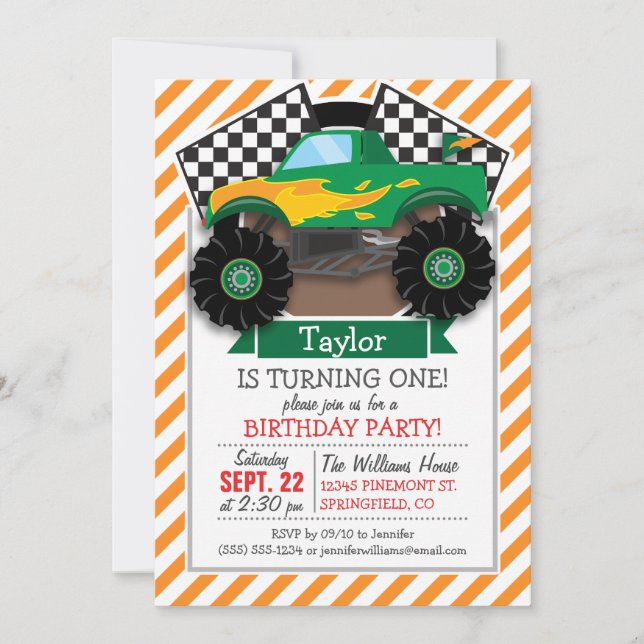 Green Monster Truck, Chequered Flag; Orange Stripe Invitation (Front)