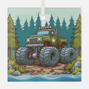 Green Monster Truck in the forest Glass Ornament