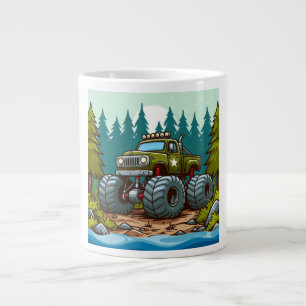 Green Monster Truck in the forest Large Coffee Mug