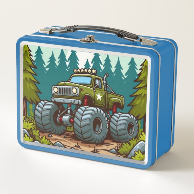 Green Monster Truck in the forest Metal Lunch Box (Front)