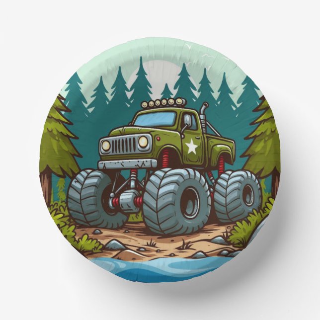 Green Monster Truck in the forest Paper Plate (Front)
