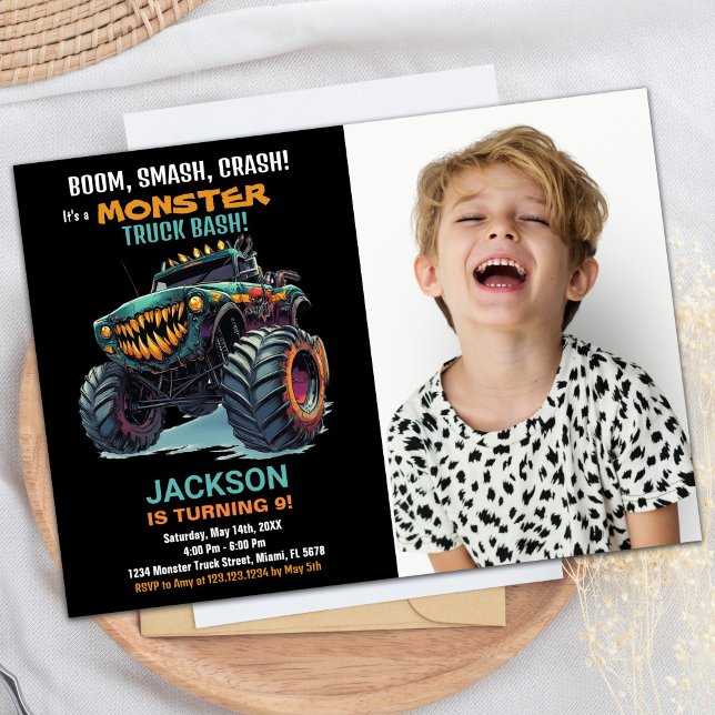 Green Monster Truck Invitations Anniversaire Photo (Green Monster Truck Birthday Invitations Photo)