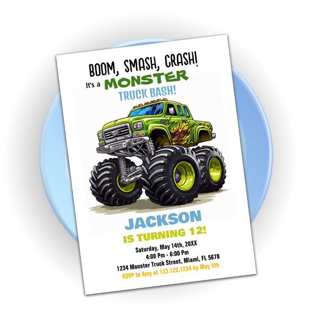 Green Monster Truck Invitations d'anniversaire (Green Monster Truck Birthday Invitations)